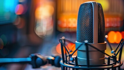 Professional microphone in studio with bokeh light background close-up.