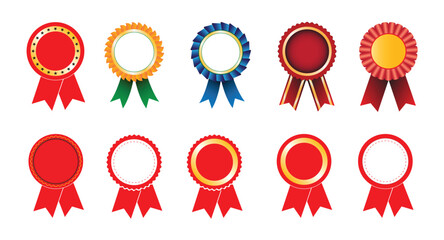 Award ribbon rosette set, Ten colorful prize ribbons and badges for achievement, competition, and recognition, Vector illustration collection