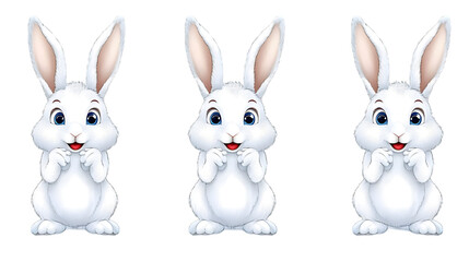 Three White Cartoon Bunnies Isolated on Transparent Background Illustration