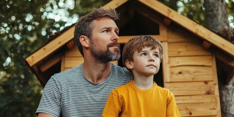 Father and son with parenting and memories concept. Father and son sitting outside a wooden playhouse.