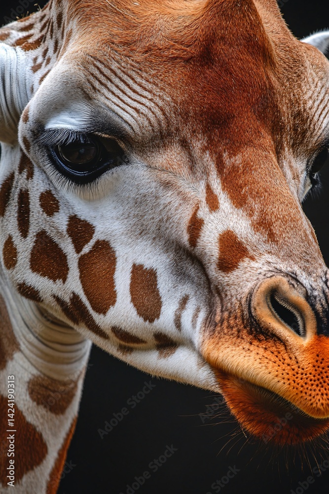 Poster Close-up of a reticulated giraffe showing its beautiful fur and unique patterns