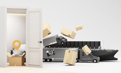 Fototapeta premium Boxes burst into action with dynamic delivery vehicles flying toward the door from the container ship behind in a fast logistics world. 3d rendering