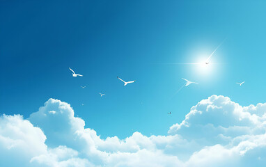 Fototapeta premium A serene sky filled with clouds and birds under a radiant sun, capturing the essence of peace and nature's beauty.