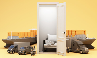 A minimalist living space opens to a bright shipping world with twin container ships and transport vehicles signifying borderless delivery. 3d rendering.