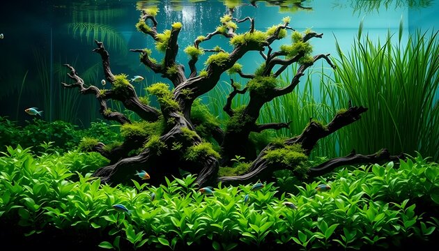 aquascape with jungle style decorated with santigi wood and java moss and small excotic fish, made by Ai