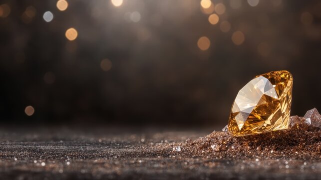 A captivating yellow diamond rests beautifully on sand, surrounded by a delicate, golden bokeh background that brings forth its exquisite sparkle and elegance.