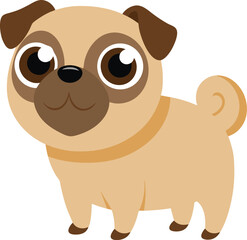Adorable fawn pug digital art with big eyes and curled tail.