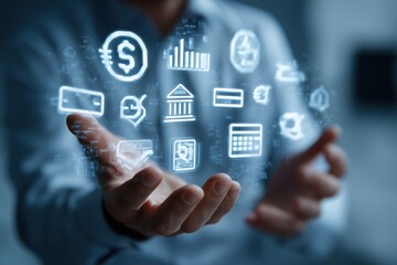Obraz premium Person's Hands Holding Glowing Digital Finance Icons