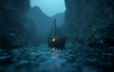 A solitary boat navigates through misty waters, surrounded by towering cliffs, creating a serene and mysterious atmosphere.