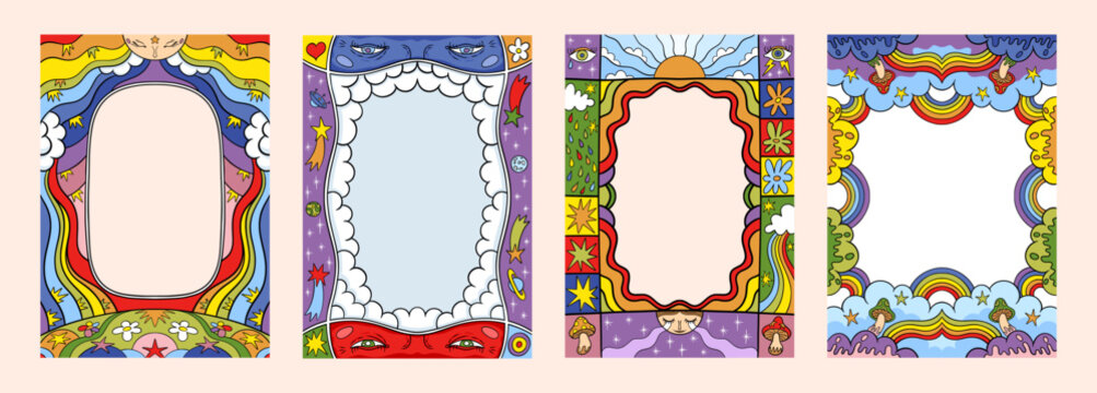 Scallop frame. Wavy kid pattern or cute picture box. Y2k border wave edges. Fun and funky decorative doodles. Sky rainbow and clouds. Flower meadow. Vector psychedelic design banners set