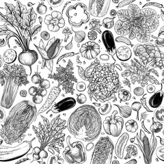Seamless vector pattern with vegetables in engraving style. Background with chopped vegetarian ingredients. Cooking proper food. Cabbage, tomato, cucumber, eggplant, celery, beetroot, carrot, pepper