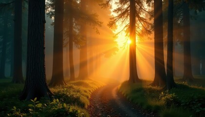 Golden sunrise beams through misty forest trees, serene, nature