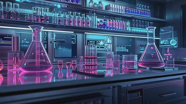 Neon Lab: A futuristic laboratory glows with vibrant neon light, showcasing a collection of scientific beakers, tubes, and bottles filled with colorful liquids, hinting at groundbreaking discoveries.