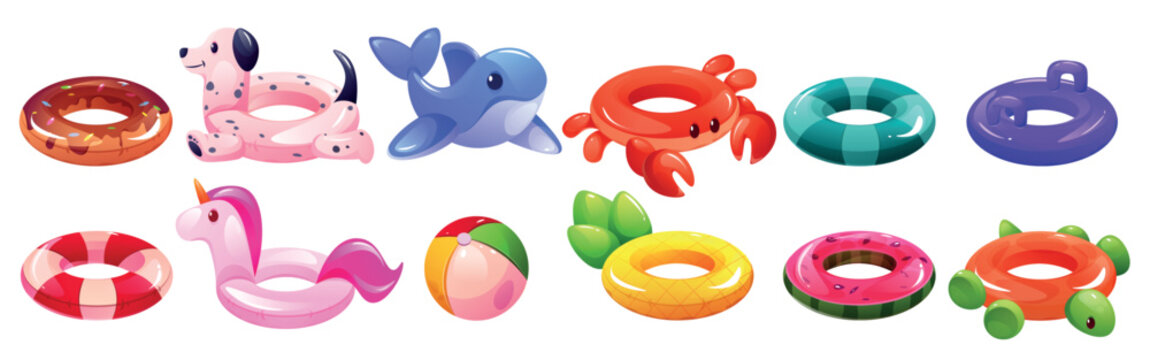 Pool ring. Swim floater, buoy for sea, float beach wheel or inflatable summer donut. Children rubber duck, glossy flamingo and crab. Ball and pineapple. Vector cartoon isolated illustration