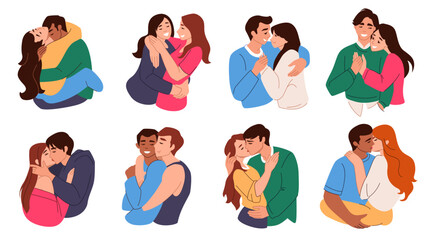Couple kiss. Intimacy lover characters hugging, love romantic foreplay or sexual lust passion. Hot woman caress. Different romantic relationships. Vector cartoon flat style isolated set