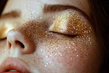 Naklejka premium Trends in cosmetics with golden glitter makeup around eyes, shimmering fashion beauty style for modern visagist and salon look, generative ai