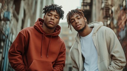 Two young men with stylish hairstyles and casual wear pose confidently together in an urban alley showcasing friendship, confidence, and contemporary style.