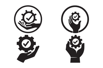 Gear and Checkmark in Hand Icons Quality Control, Maintenance, Reliability Vector Set