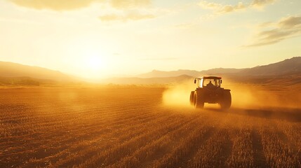 Fototapeta premium Tractor Working in the Field at Sunset with Dust and Golden Light