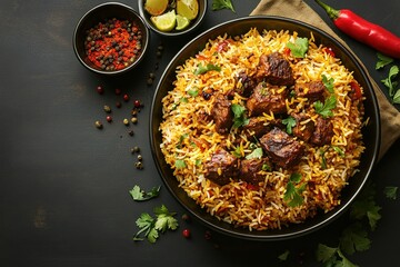 minimalistic design indian biryani, Spicy mutton biryani food photography, the extreme right third of an image, on the extreme right third of an image, space for text, hyper-detailed, Cinematic