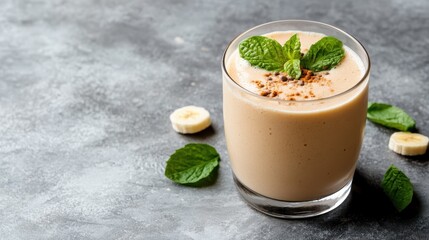 This beautifully crafted banana mint smoothie is surrounded by fresh mint leaves, showcasing its refreshing and healthy nature, perfect for summer enjoyment.