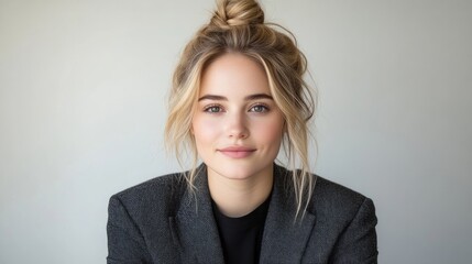 Fototapeta premium Portrait of a young professional woman with blonde hair in a messy bun wearing a grey blazer.