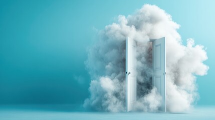 This surreal image depicts a white door emerging from a fluffy cloud formation, inviting viewers to explore the unknown while evoking curiosity and wonder.