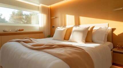 A beautifully arranged bed with soft cushions and a warm blanket showcases a cozy and inviting atmosphere, ideal for relaxation and comfort in a serene bedroom setting.