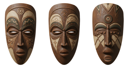 Trio of Decorative African Masks with Intricate Tribal Design on a White Backdrop