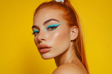 Trends in cosmetics featuring modern makeup with bold eyeliner and glowing skin on a model in front of a yellow background, generative ai