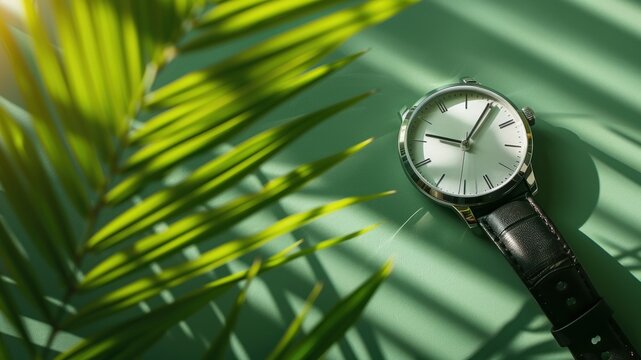 Silver watch with leather band, palm frond, sunlight, and shadow on green backdrop.