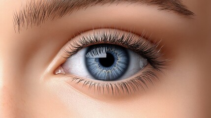 Obraz premium Opening and blinking female eye with a blue iris and long lashes painted with mascara. Gray eye close up of the iris and the pupil dilation and contracts. Eyeball, retina, eyelid. Slow motion.