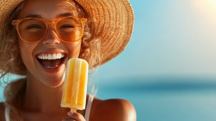 A cheerful young woman enjoys a popsicle while basking under the warm sun, showcasing happiness, vitality, and a carefree summer spirit in a vibrant outdoor setting.