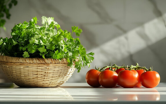 Fresh tomatoes and coriander in a woven basket create a vibrant kitchen scene filled with natural light.