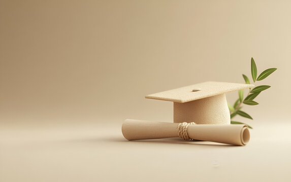 Minimalistic graduation cap and diploma with a green leaf, symbolizing achievement and new beginnings. - Powered by Adobe