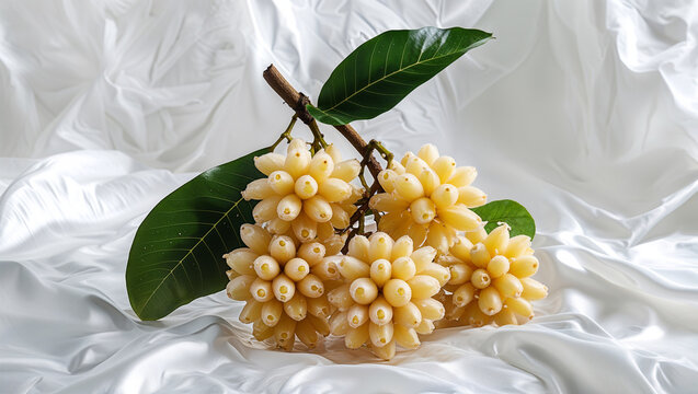 Still Life Of Rare Tropical Fruits With Green Leaf On White Fabric