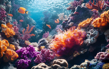 Obraz premium Vibrant underwater scene showcasing diverse coral reefs and colorful fish swimming in a tropical ocean.
