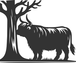 Fototapeta premium Highland cattle black vector with forest silhouette