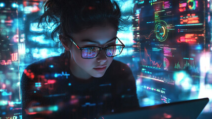 Focused analyst reviewing complex data streams with advanced software interfaces