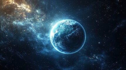 Obraz premium A stunning view of a blue planet in space, surrounded by stars and cosmic clouds. The beauty of the universe captured in one image.