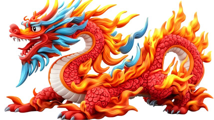 Vibrant Red Fire Dragon Illustration with Azure Accents and Transparent Background