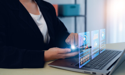 Concept digital transformation technology strategy, Analyst working with Business, metrics connected to database Corporate.