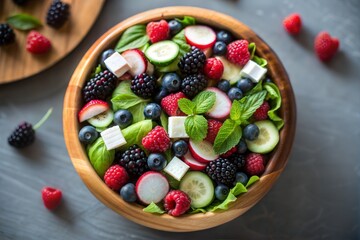 Top View of Colorful Mixed Berry and Vegetable Salad with Feta Cheese and Mint Fresh Organic Ingredients in Wooden Bowl on Gray Background for Healthy Eating, Food Styling or Summer Recipe