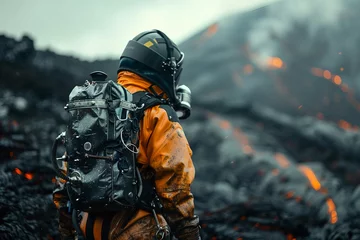 Scientists observing massive volcanic eruption with lava explosion and ash cloud, generative ai © Tetiana