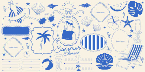 Vintage summer set of doodle hand drawn objects. Vintage summer symbols. Vacations, tourism, logo, frame, divider, icon.