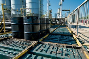 A polyethylene spill containment pallet holding barrels, ensuring safety and environmental protection for the surrounding area