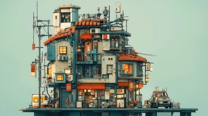A stylized, multi-level, densely packed building with an asian-inspired aesthetic.