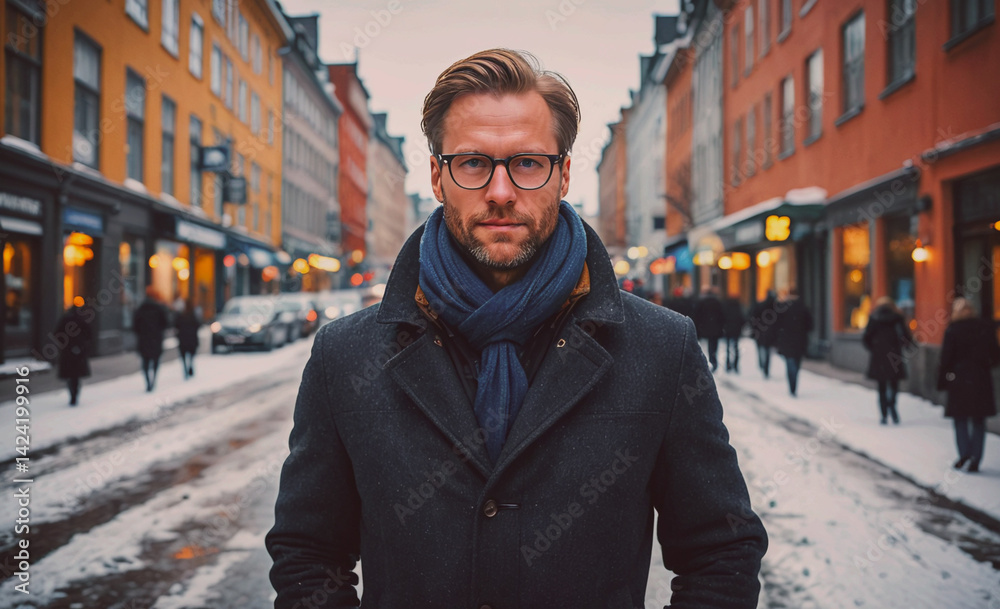 Poster man wearing a blue coat and scarf stands in the middle of a snowy street. he is wearing glasses and 
