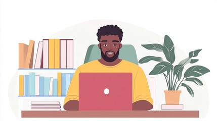 Illustration of focused african american freelancer working remotely at home