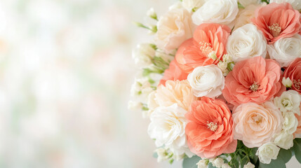 Elegant floral bouquet with white and coral roses in soft focus background
